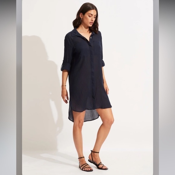 Seafolly Crinkle Twill Beach Shirt - Indigo Size Extra Small - Picture 2 of 7